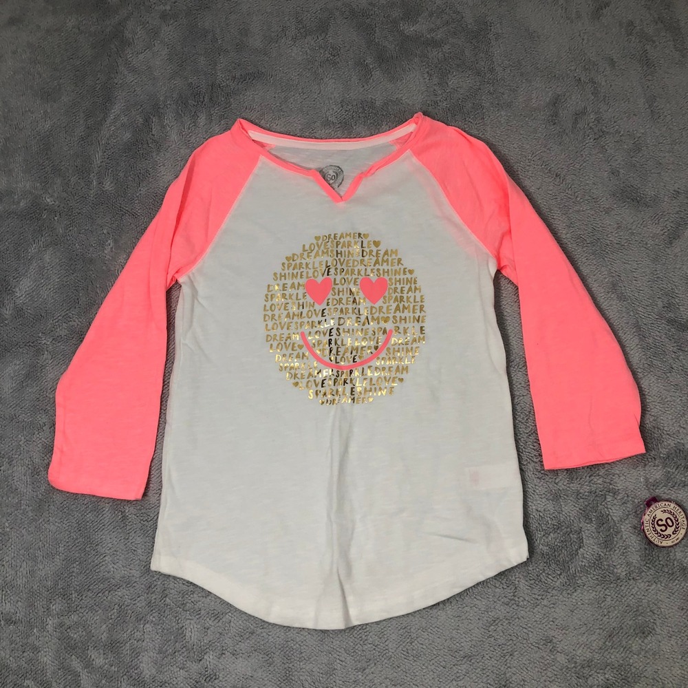 SO Graphic‎ Raglan Tee Girls Size 14 White Pink Emoji Heart Metallic 3/4 Sleeve